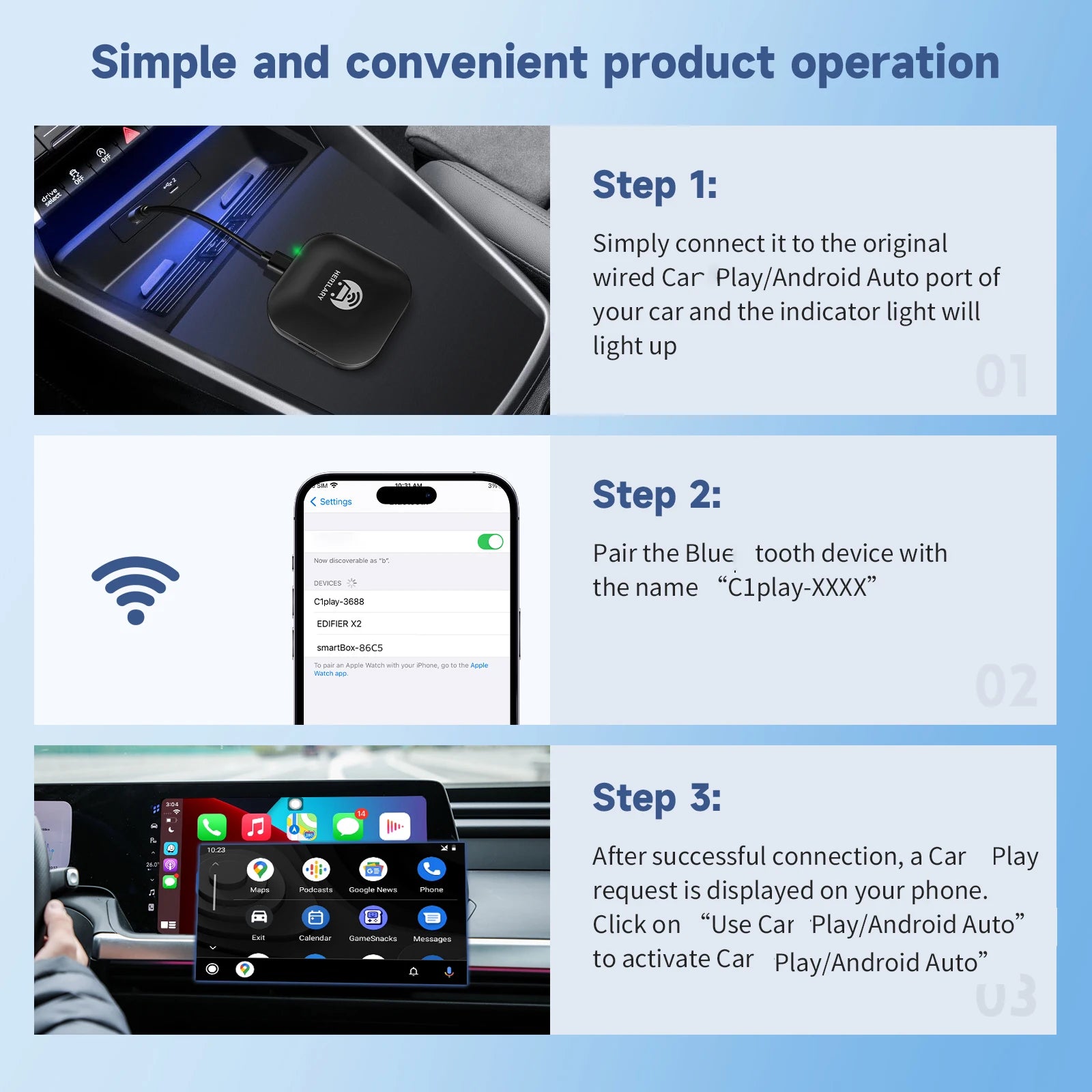 C1 Wireless Carplay AI BOX Wireless Android Auto WIFI 2.4G & 5.8Ghz BT5.0 Auto Connect Plug&Play for Wired AA CP Cars